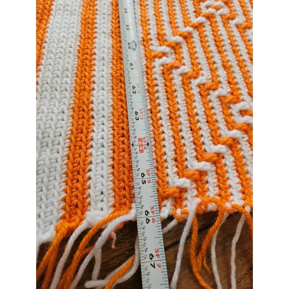 Vintage Handmade Crochet Afghan Orange White Geometric Mosaic Fringe 67x46 - Picture 6 of 6